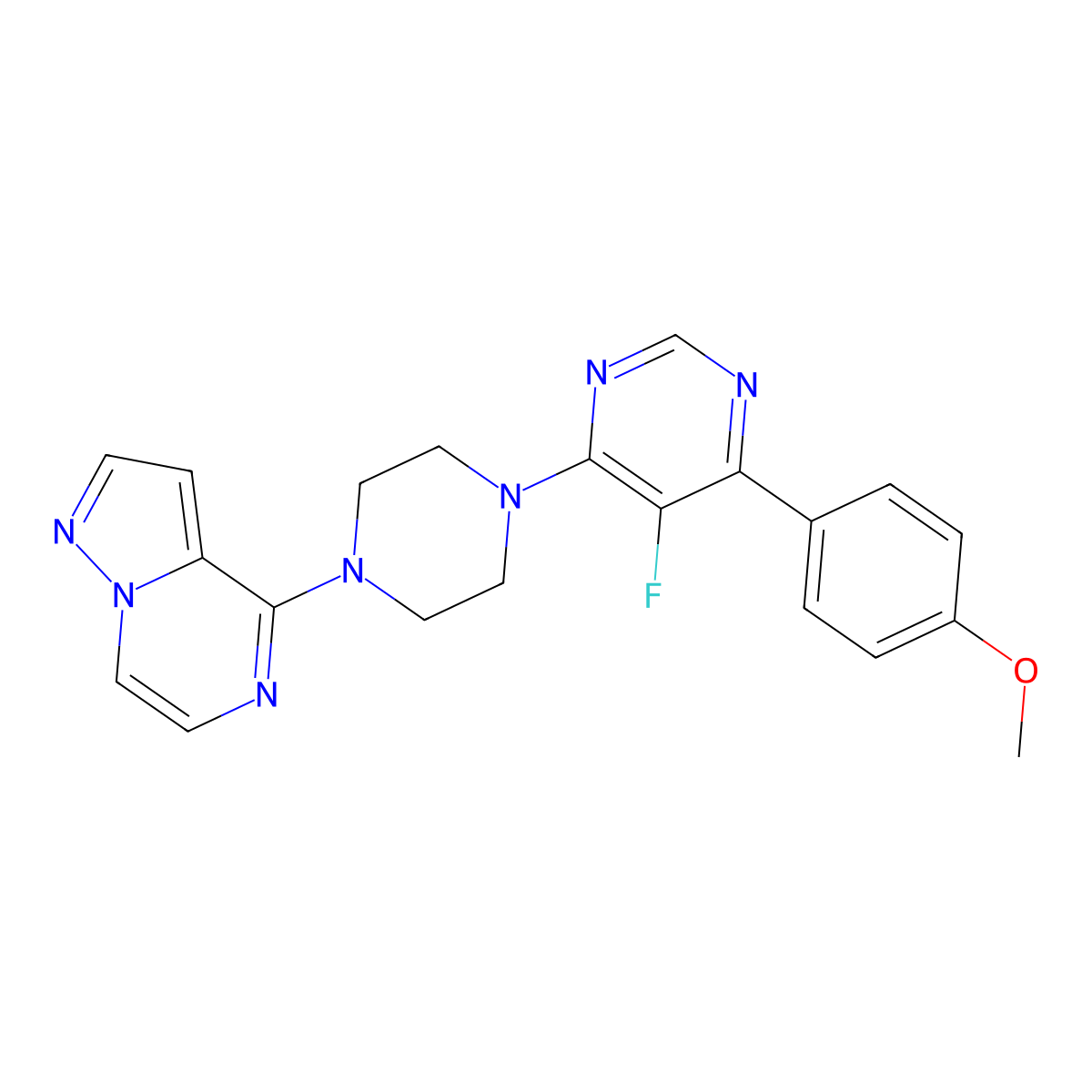 5-Fluoro-4-(4-methoxyphenyl)-6-(4-{pyrazolo[1,5-a]pyrazin-4-yl}piperazin-1-yl)pyrimidine molecular structure, CAS 2379987-31-0