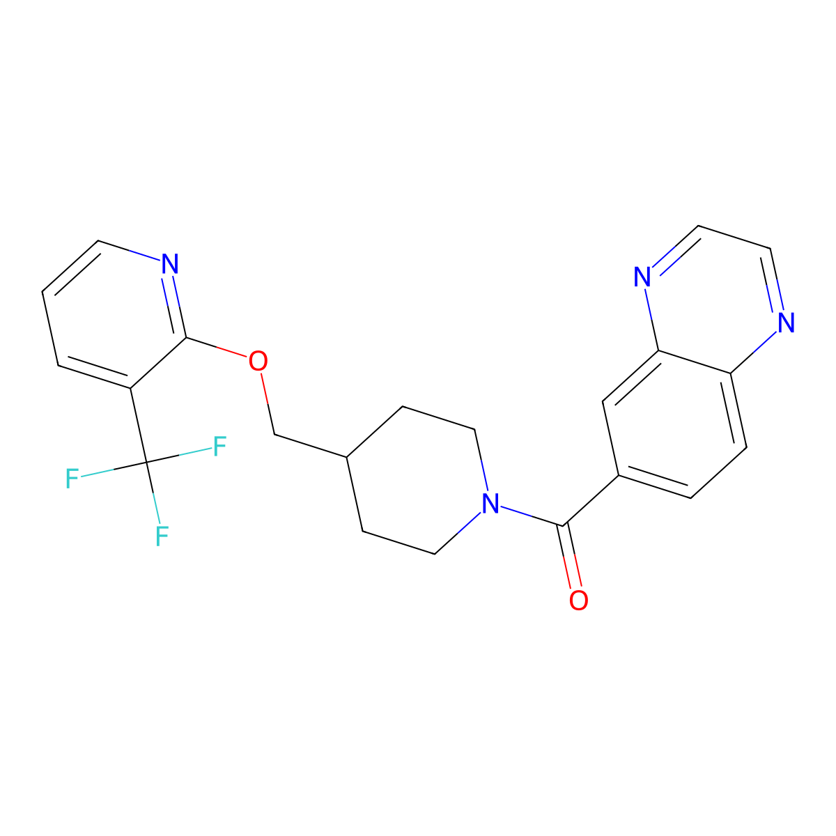 6-[4-({[3-(Trifluoromethyl)pyridin-2-yl]oxy}methyl)piperidine-1-carbonyl]quinoxaline molecular structure, CAS 2379987-33-2