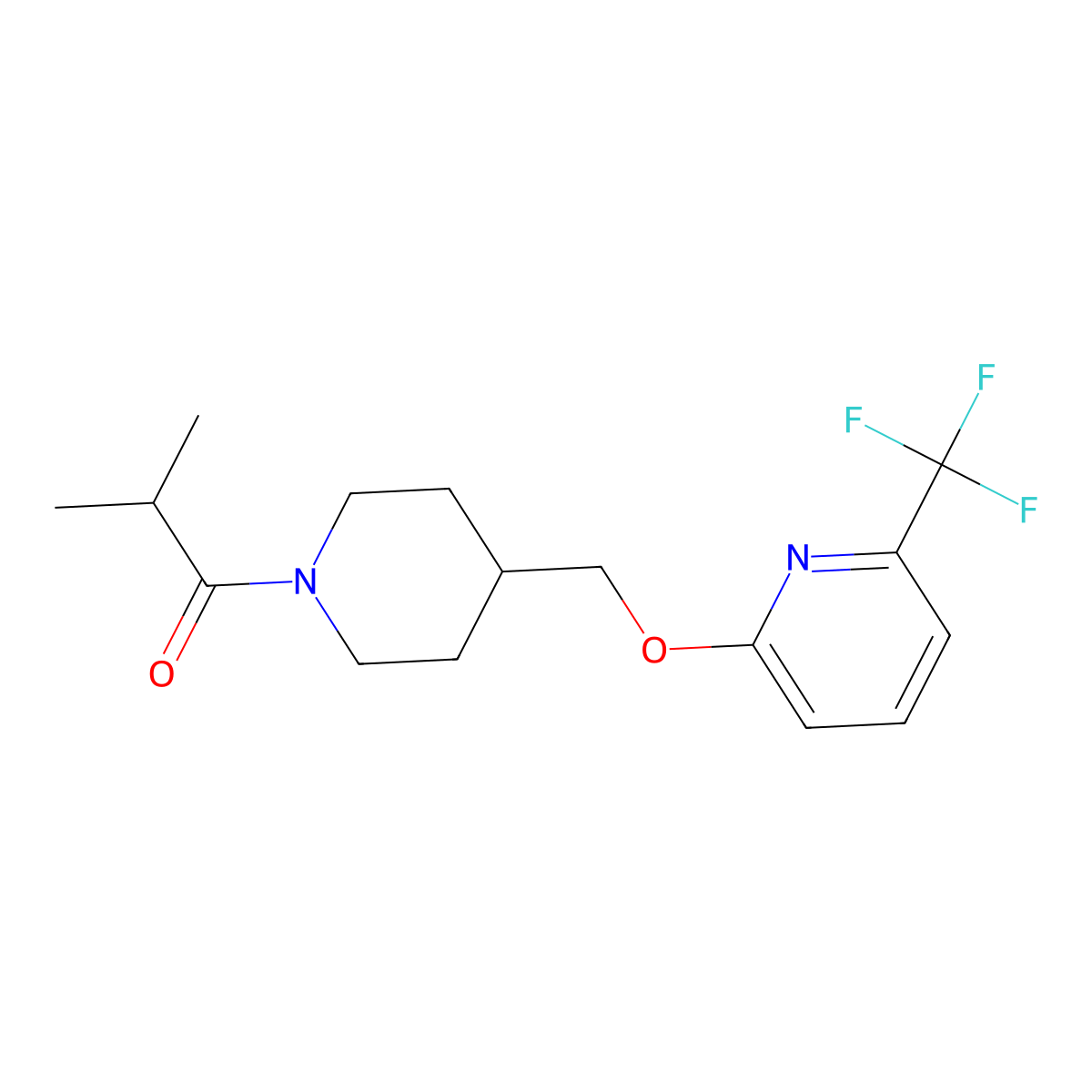 2-Methyl-1-[4-({[6-(trifluoromethyl)pyridin-2-yl]oxy}methyl)piperidin-1-yl]propan-1-one molecular structure, CAS 2379987-34-3