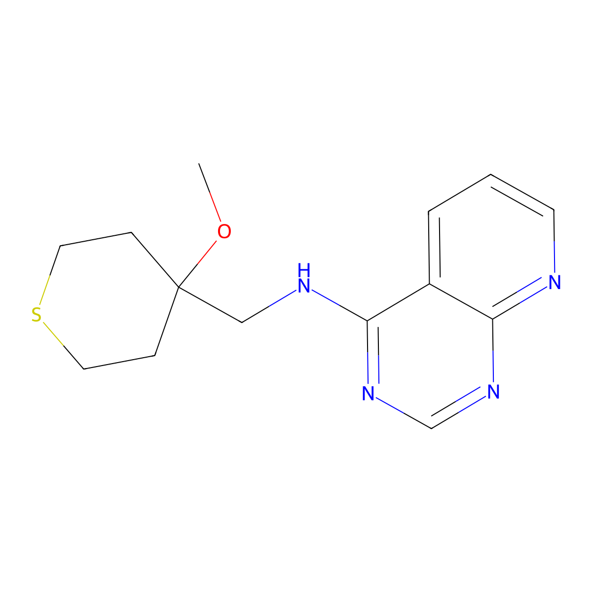 N-[(4-Methoxythian-4-yl)methyl]pyrido[2,3-d]pyrimidin-4-amine molecular structure, CAS 2379987-45-6