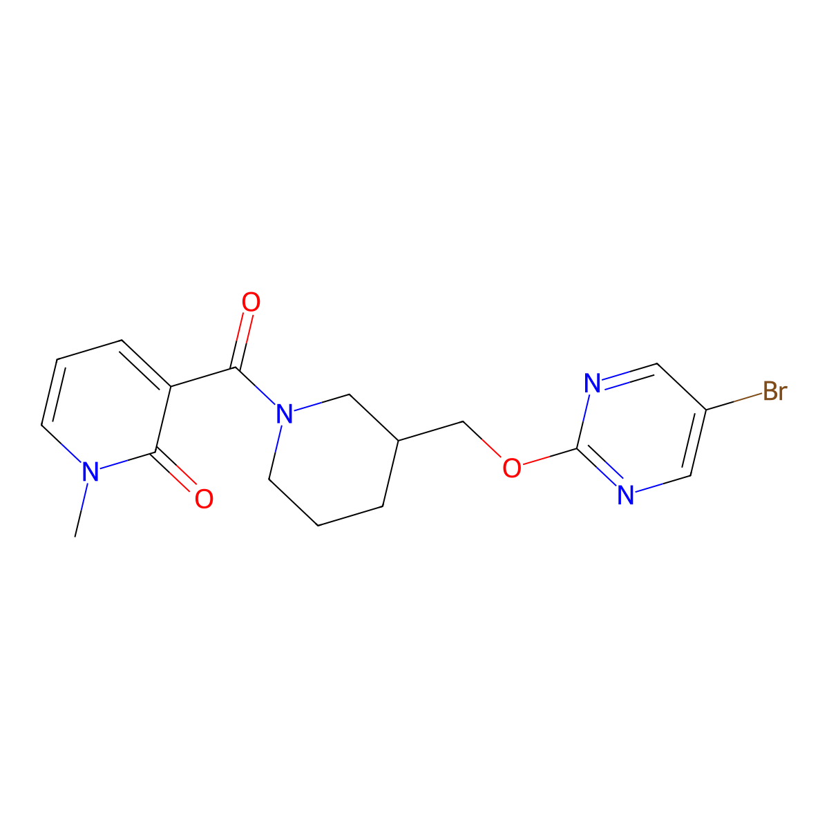 3-(3-{[(5-Bromopyrimidin-2-yl)oxy]methyl}piperidine-1-carbonyl)-1-methyl-1,2-dihydropyridin-2-one molecular structure, CAS 2379987-51-4