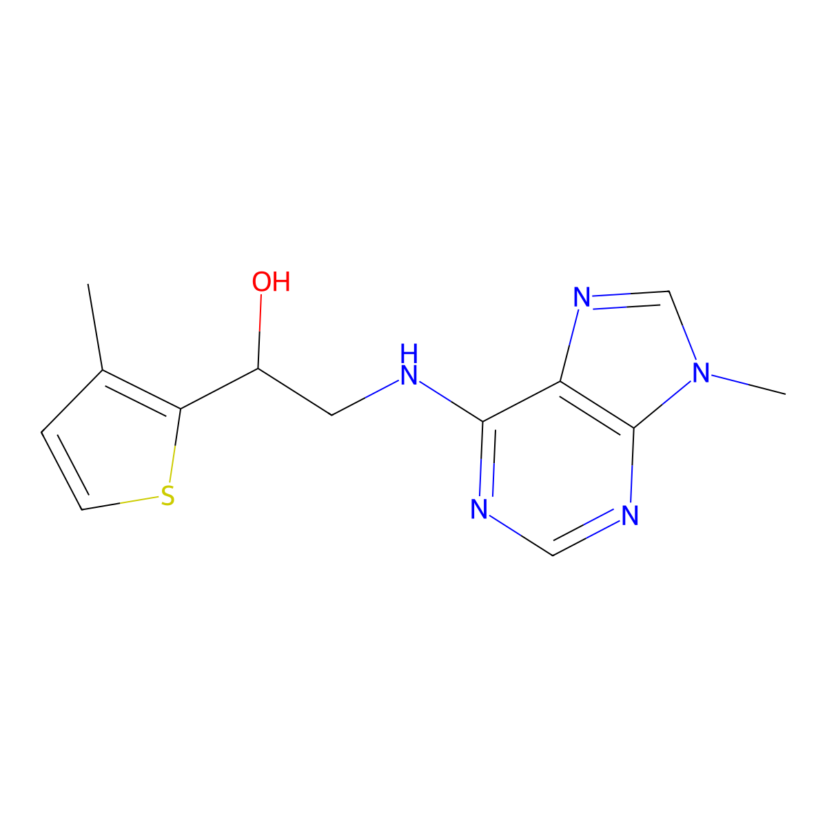2-[(9-methyl-9H-purin-6-yl)amino]-1-(3-methylthiophen-2-yl)ethan-1-ol molecular structure, CAS 2379987-94-5
