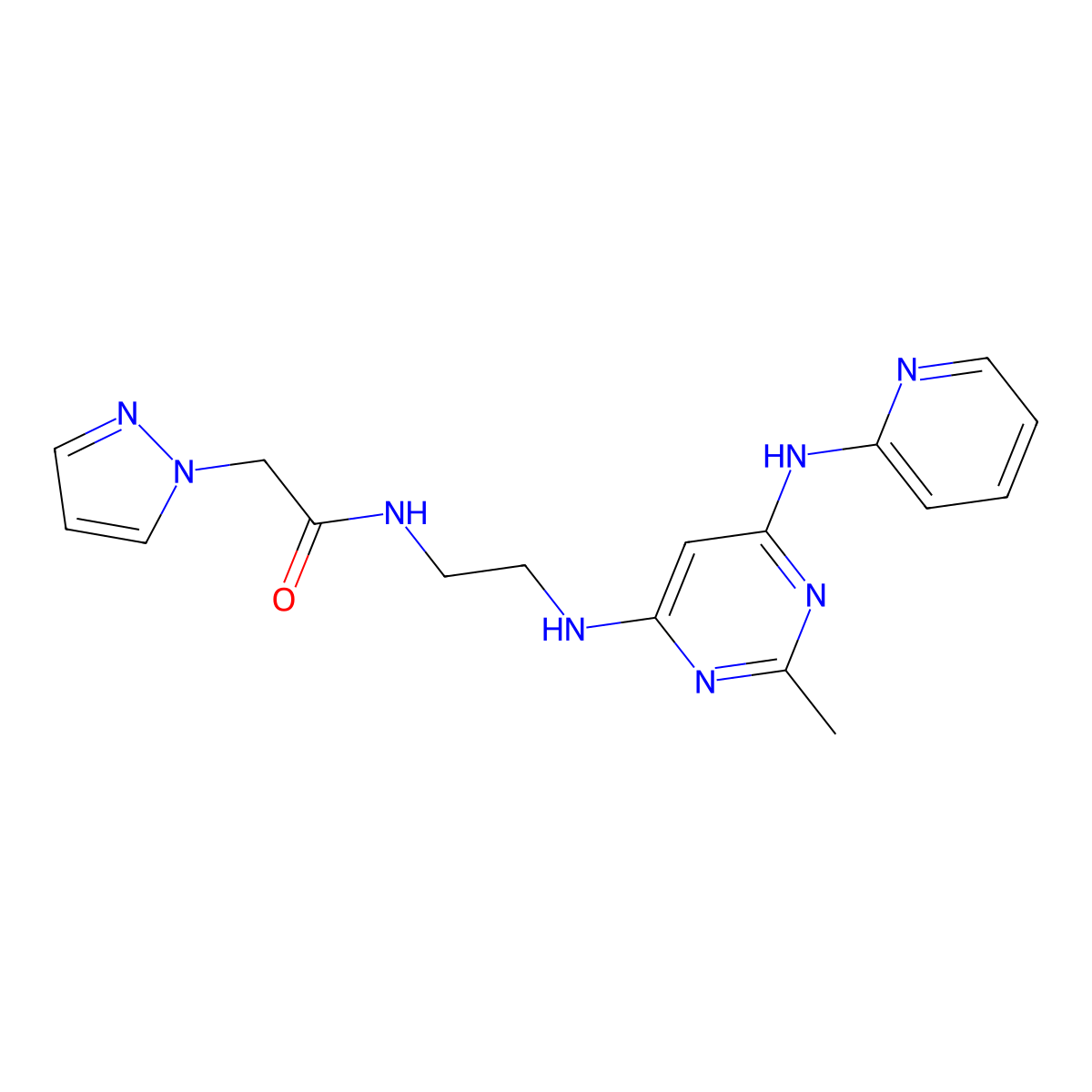 N-(2-((2-methyl-6-(pyridin-2-ylamino)pyrimidin-4-yl)amino)ethyl)-2-(1H-pyrazol-1-yl)acetamide molecular structure, CAS 2379987-98-9