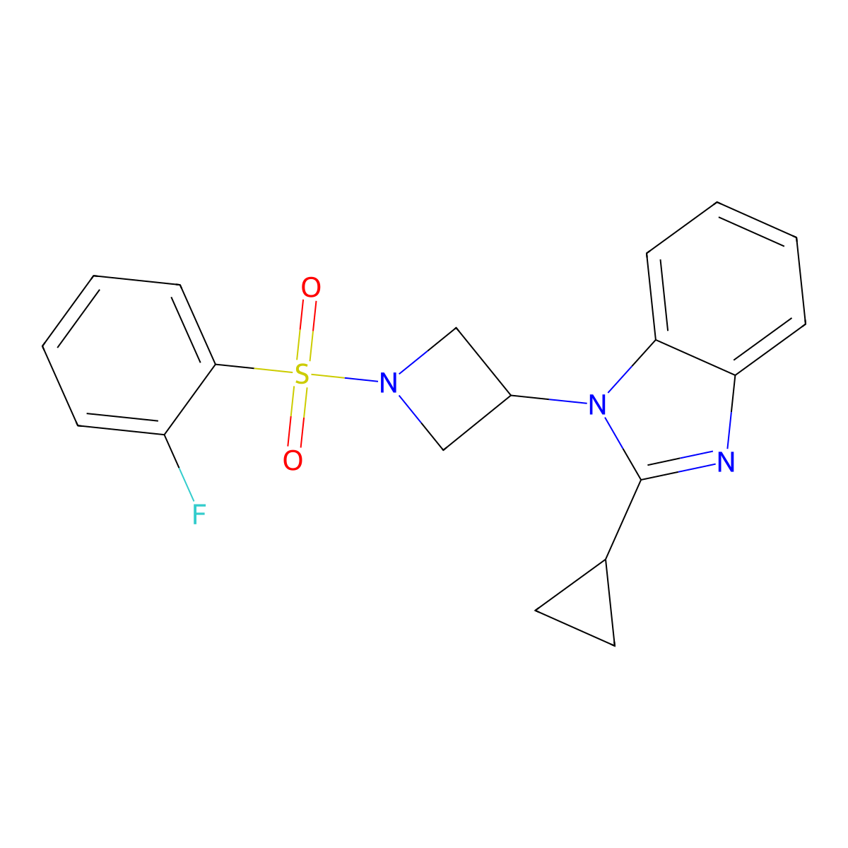 2-cyclopropyl-1-[1-(2-fluorobenzenesulfonyl)azetidin-3-yl]-1H-1,3-benzodiazole molecular structure, CAS 2379988-15-3