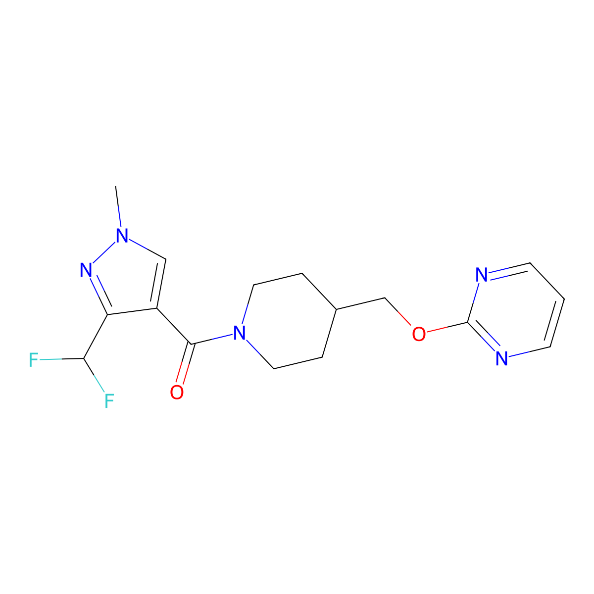 2-({1-[3-(difluoromethyl)-1-methyl-1H-pyrazole-4-carbonyl]piperidin-4-yl}methoxy)pyrimidine molecular structure, CAS 2379988-39-1