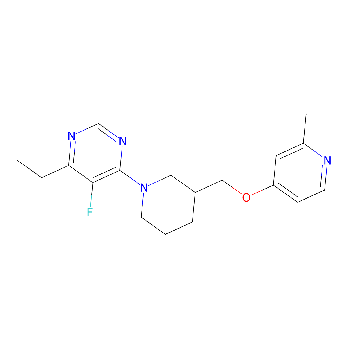 4-Ethyl-5-fluoro-6-(3-{[(2-methylpyridin-4-yl)oxy]methyl}piperidin-1-yl)pyrimidine molecular structure, CAS 2379988-53-9