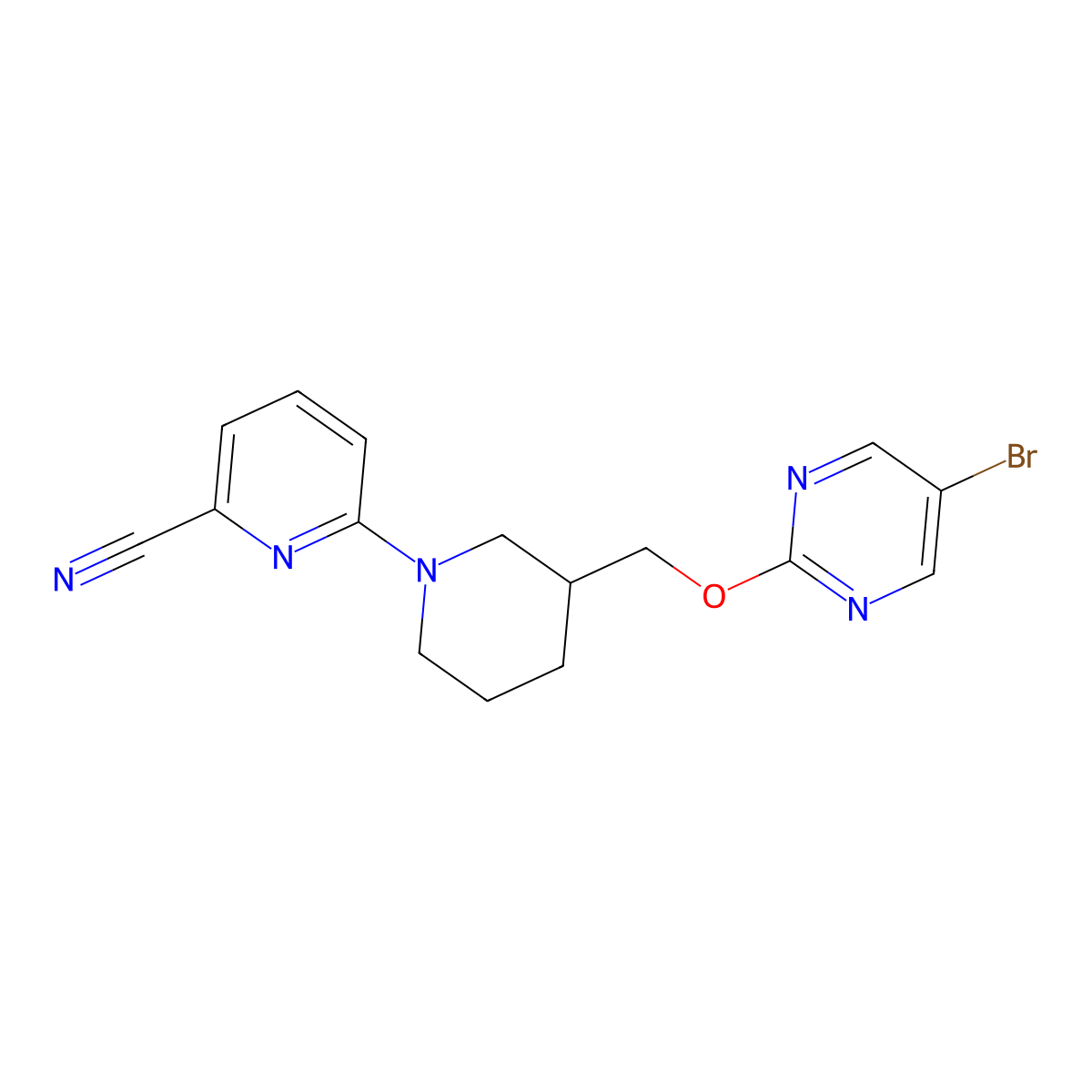 6-(3-{[(5-Bromopyrimidin-2-yl)oxy]methyl}piperidin-1-yl)pyridine-2-carbonitrile molecular structure, CAS 2379988-78-8
