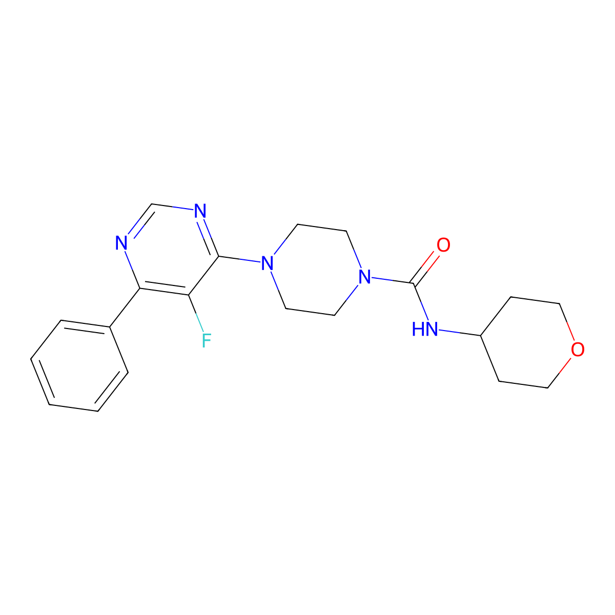4-(5-Fluoro-6-phenylpyrimidin-4-yl)-N-(oxan-4-yl)piperazine-1-carboxamide molecular structure, CAS 2379988-87-9