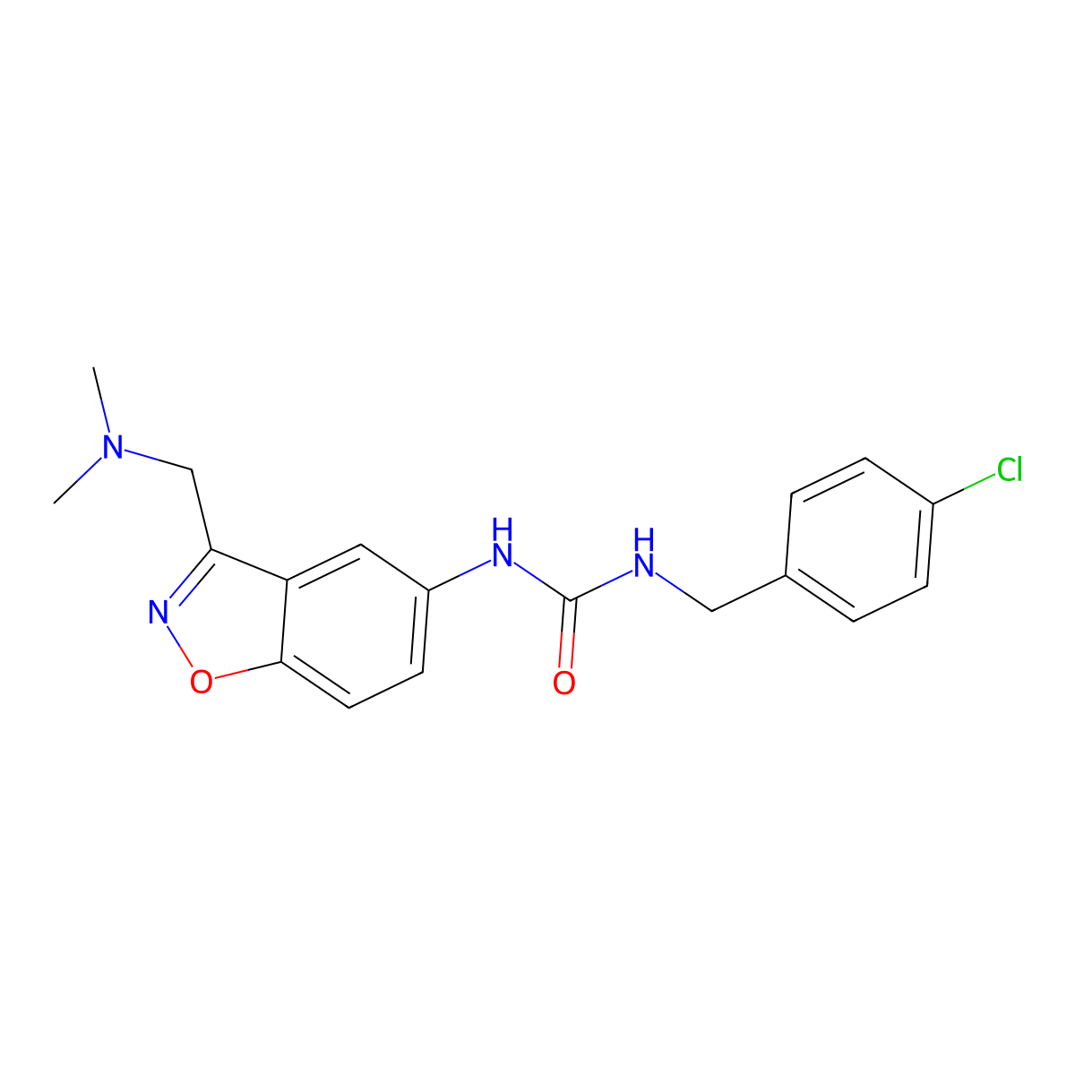 1-[(4-Chlorophenyl)methyl]-3-[3-[(dimethylamino)methyl]-1,2-benzoxazol-5-yl]urea molecular structure, CAS 2379988-89-1