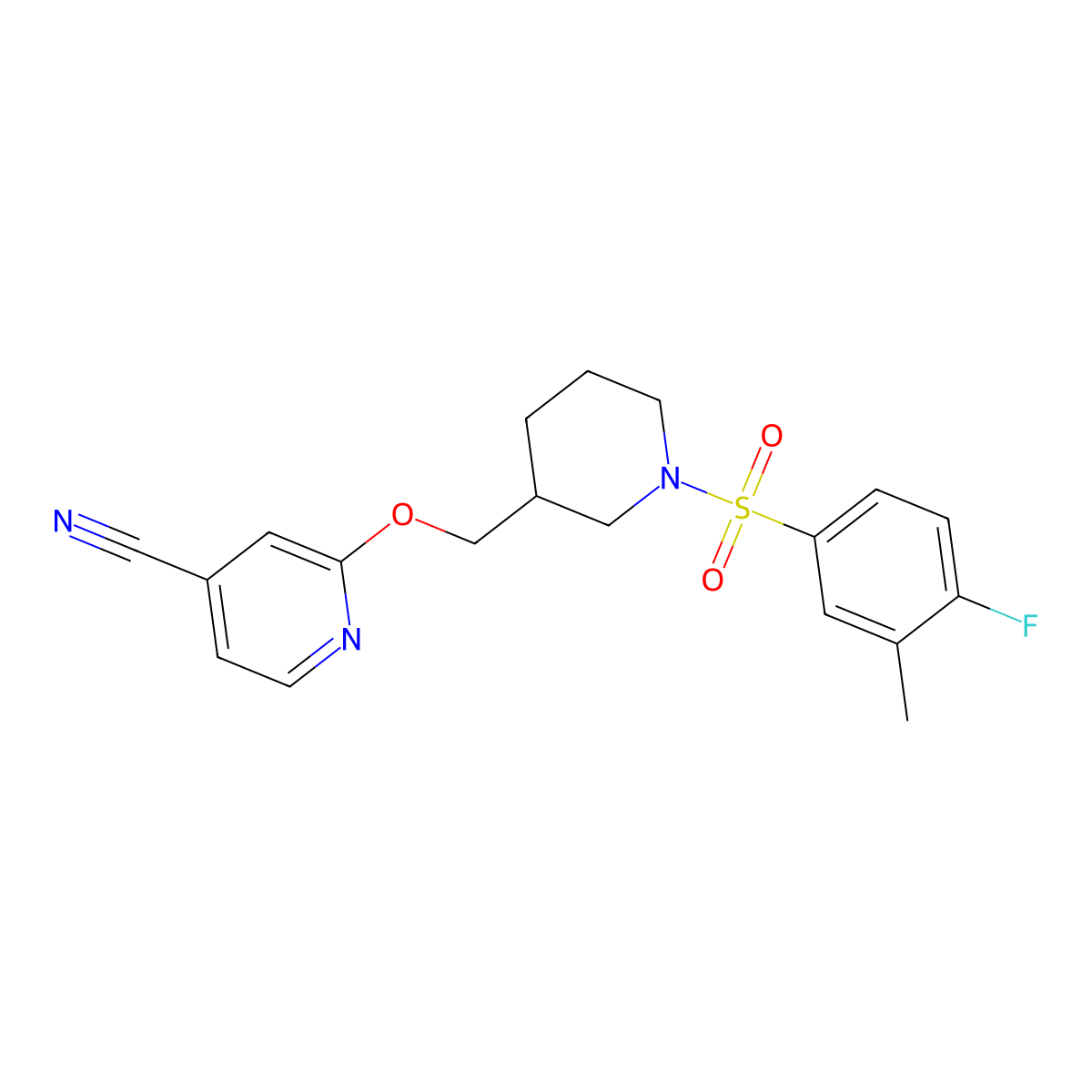 2-{[1-(4-Fluoro-3-methylbenzenesulfonyl)piperidin-3-yl]methoxy}pyridine-4-carbonitrile molecular structure, CAS 2379988-98-2