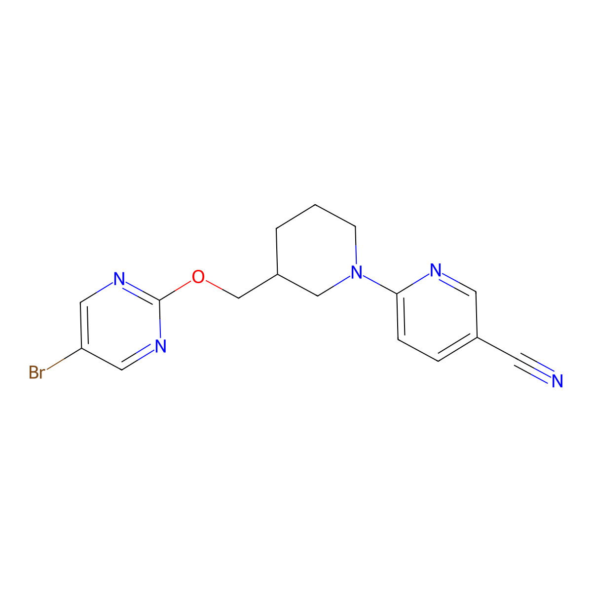 6-(3-{[(5-Bromopyrimidin-2-yl)oxy]methyl}piperidin-1-yl)pyridine-3-carbonitrile molecular structure, CAS 2379989-14-5