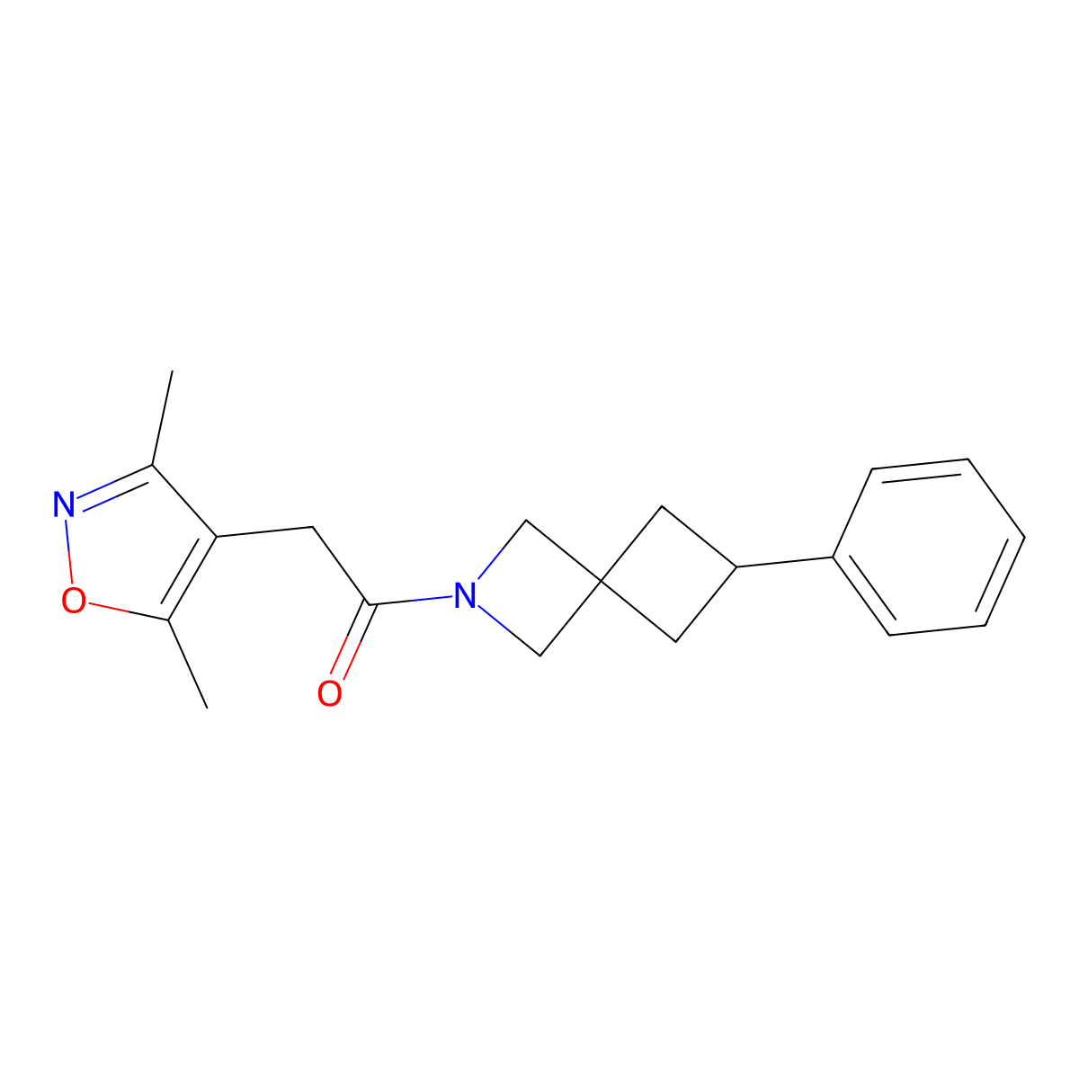 2-(3,5-Dimethyl-1,2-oxazol-4-yl)-1-{6-phenyl-2-azaspiro[3.3]heptan-2-yl}ethan-1-one molecular structure, CAS 2379989-15-6