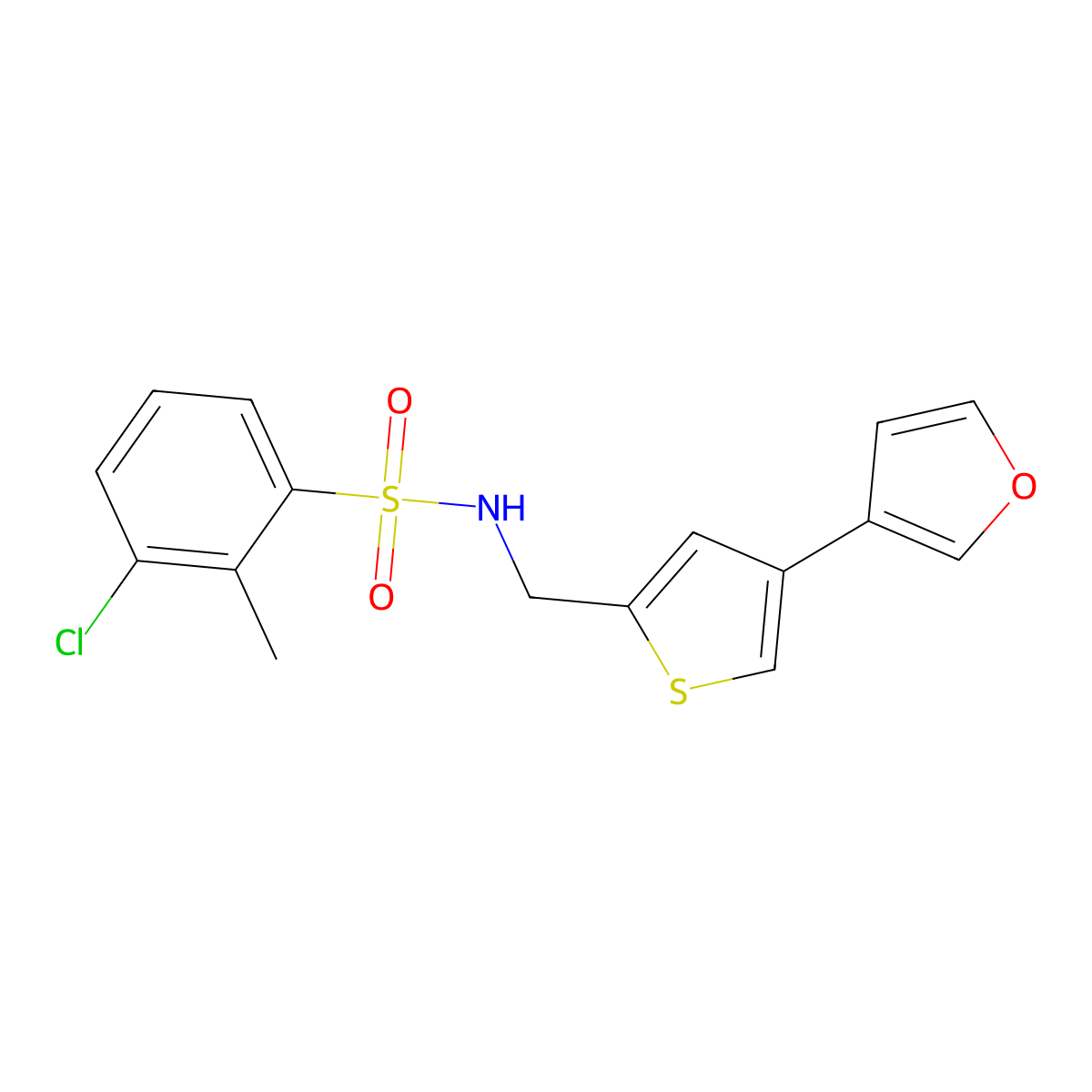3-chloro-N-{[4-(furan-3-yl)thiophen-2-yl]methyl}-2-methylbenzene-1-sulfonamide molecular structure, CAS 2379989-16-7