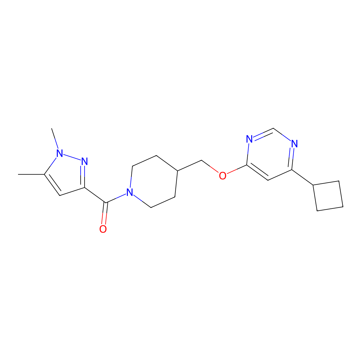 4-cyclobutyl-6-{[1-(1,5-dimethyl-1H-pyrazole-3-carbonyl)piperidin-4-yl]methoxy}pyrimidine molecular structure, CAS 2379989-20-3