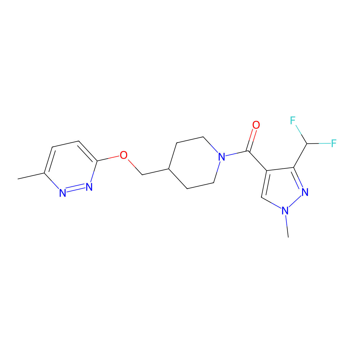 3-({1-[3-(difluoromethyl)-1-methyl-1H-pyrazole-4-carbonyl]piperidin-4-yl}methoxy)-6-methylpyridazine molecular structure, CAS 2379989-22-5