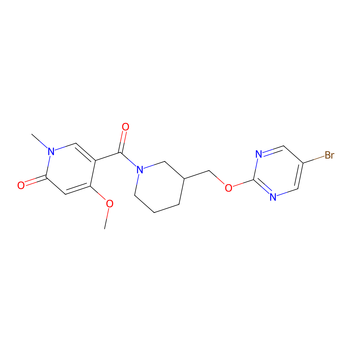 5-(3-{[(5-Bromopyrimidin-2-yl)oxy]methyl}piperidine-1-carbonyl)-4-methoxy-1-methyl-1,2-dihydropyridin-2-one molecular structure, CAS 2379989-31-6