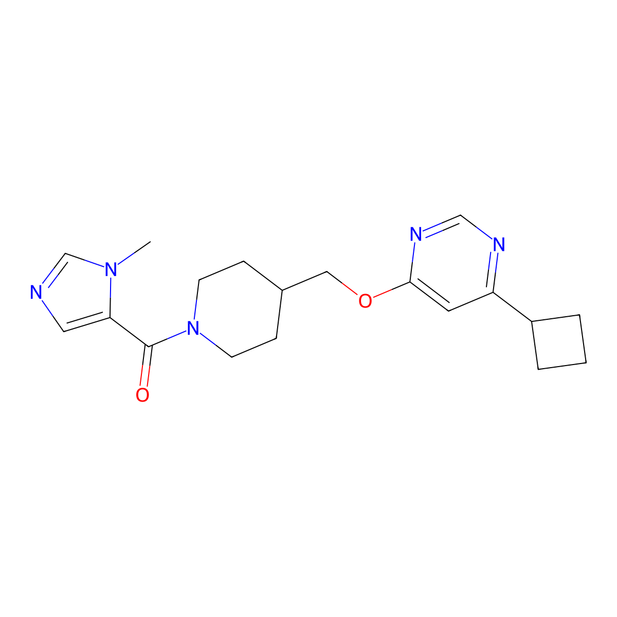 4-cyclobutyl-6-{[1-(1-methyl-1H-imidazole-5-carbonyl)piperidin-4-yl]methoxy}pyrimidine molecular structure, CAS 2379993-22-1