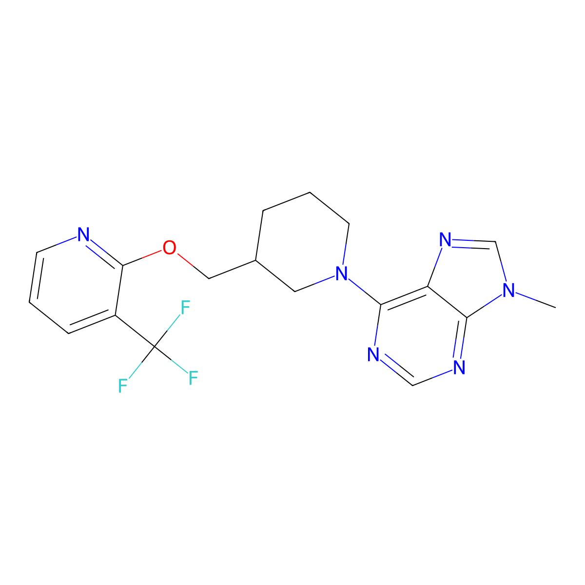 9-methyl-6-[3-({[3-(trifluoromethyl)pyridin-2-yl]oxy}methyl)piperidin-1-yl]-9H-purine molecular structure, CAS 2379993-24-3