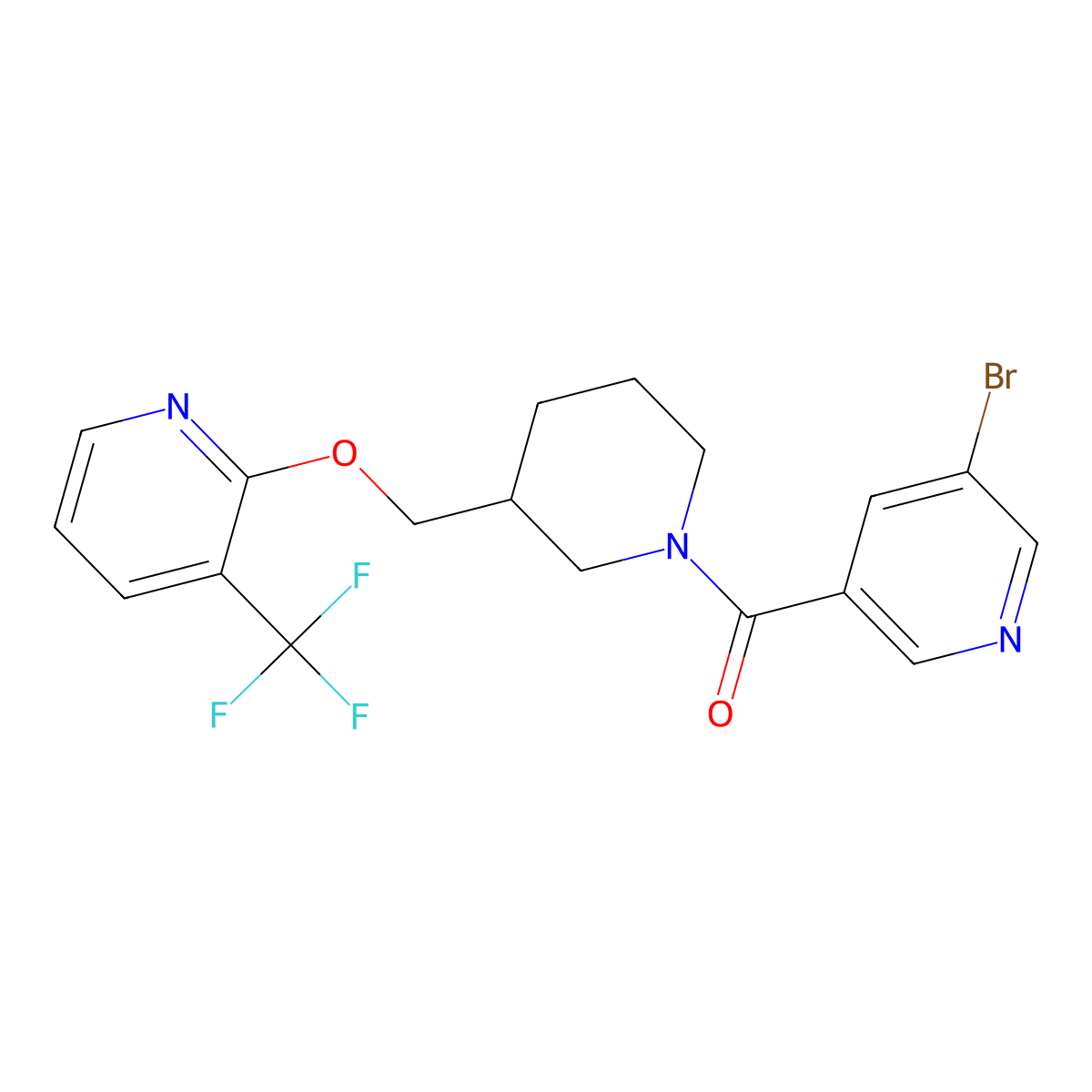 3-Bromo-5-[3-({[3-(trifluoromethyl)pyridin-2-yl]oxy}methyl)piperidine-1-carbonyl]pyridine molecular structure, CAS 2379993-25-4