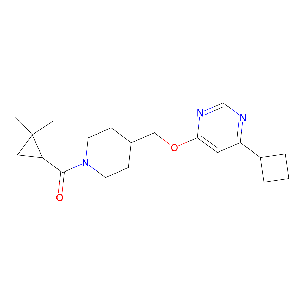 4-Cyclobutyl-6-{[1-(2,2-dimethylcyclopropanecarbonyl)piperidin-4-yl]methoxy}pyrimidine molecular structure, CAS 2379993-30-1