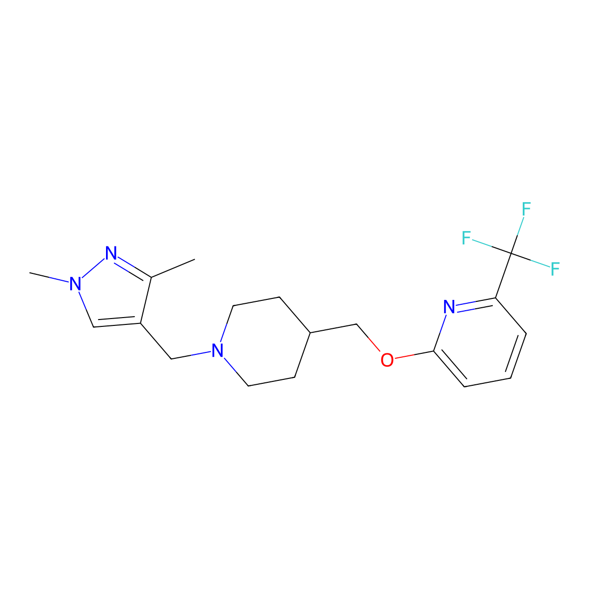 2-({1-[(1,3-dimethyl-1H-pyrazol-4-yl)methyl]piperidin-4-yl}methoxy)-6-(trifluoromethyl)pyridine molecular structure, CAS 2379993-31-2