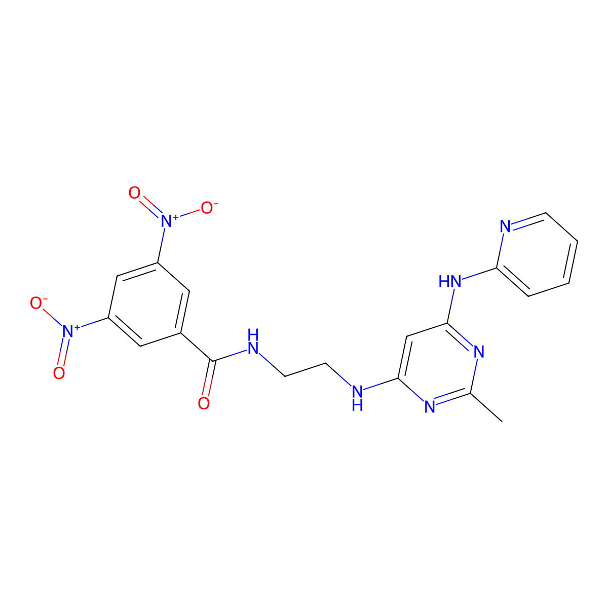 N-(2-((2-methyl-6-(pyridin-2-ylamino)pyrimidin-4-yl)amino)ethyl)-3,5-dinitrobenzamide molecular structure, CAS 2379993-33-4