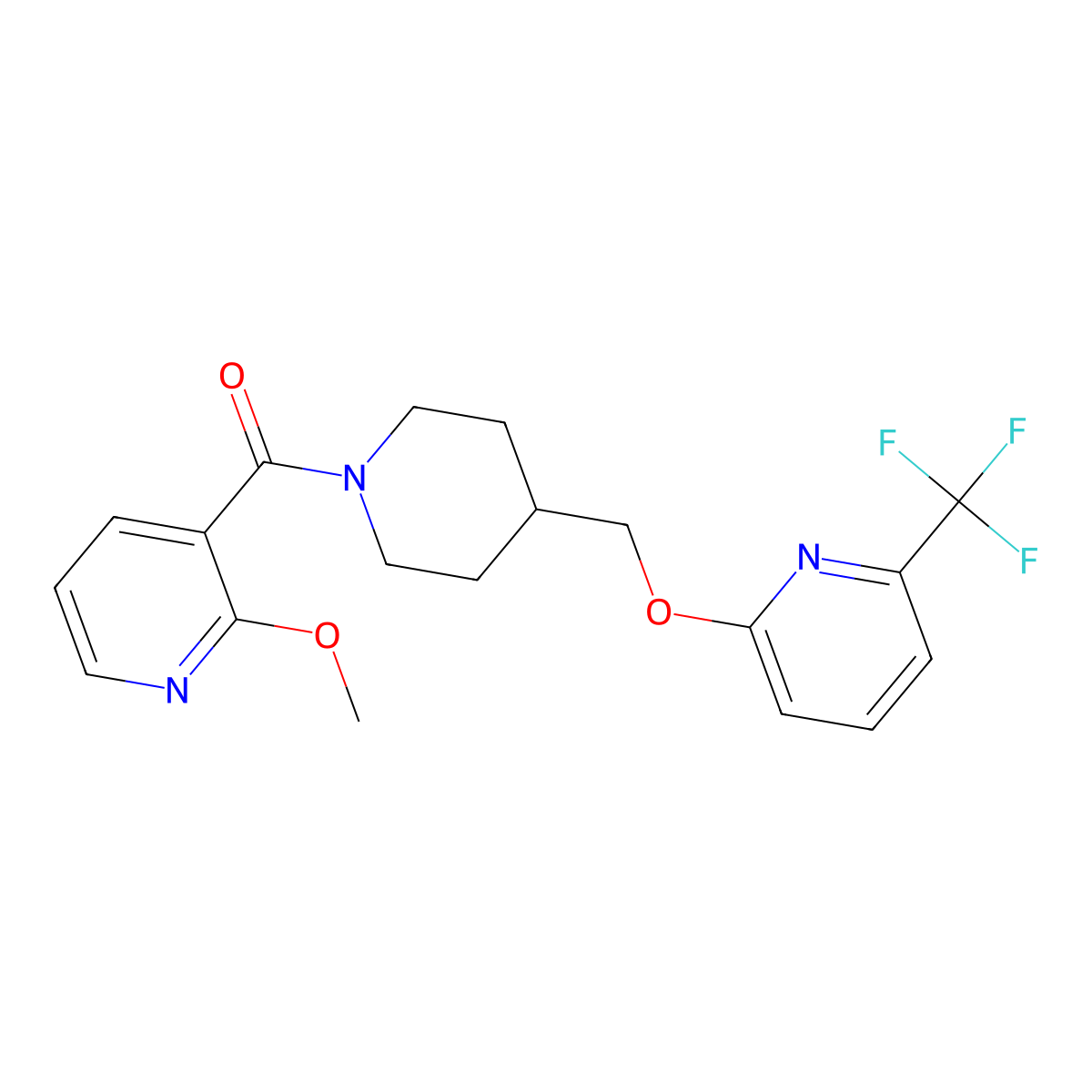 2-Methoxy-3-[4-({[6-(trifluoromethyl)pyridin-2-yl]oxy}methyl)piperidine-1-carbonyl]pyridine molecular structure, CAS 2379993-53-8