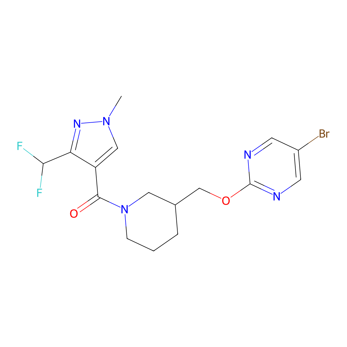 5-bromo-2-({1-[3-(difluoromethyl)-1-methyl-1H-pyrazole-4-carbonyl]piperidin-3-yl}methoxy)pyrimidine molecular structure, CAS 2379993-58-3