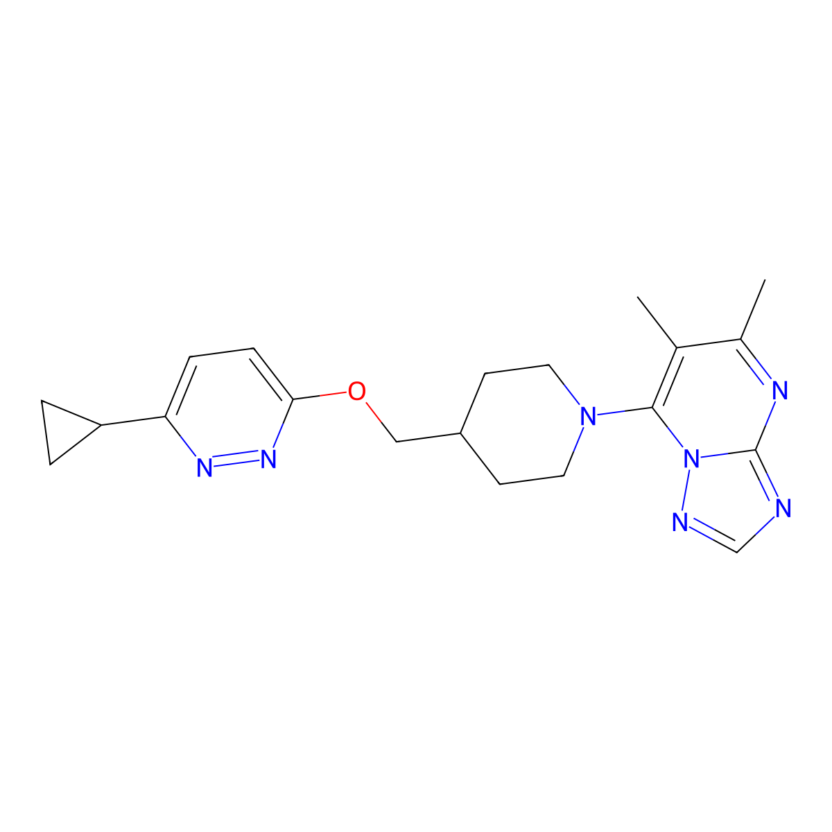 3-Cyclopropyl-6-[(1-{5,6-dimethyl-[1,2,4]triazolo[1,5-a]pyrimidin-7-yl}piperidin-4-yl)methoxy]pyridazine molecular structure, CAS 2379993-71-0
