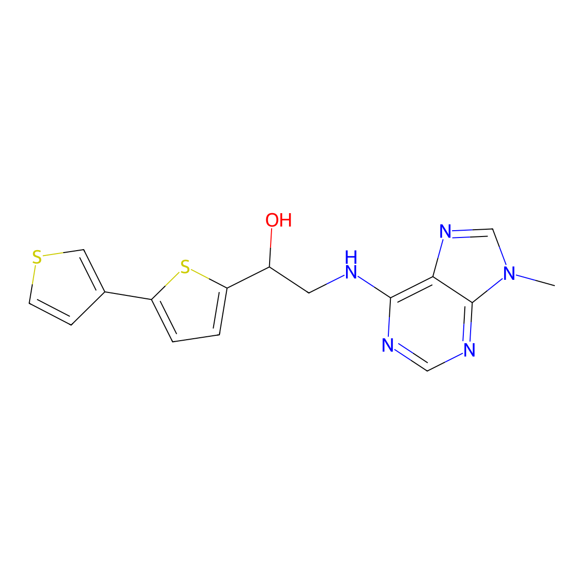 1-{[2,3'-bithiophene]-5-yl}-2-[(9-methyl-9H-purin-6-yl)amino]ethan-1-ol molecular structure, CAS 2379993-72-1