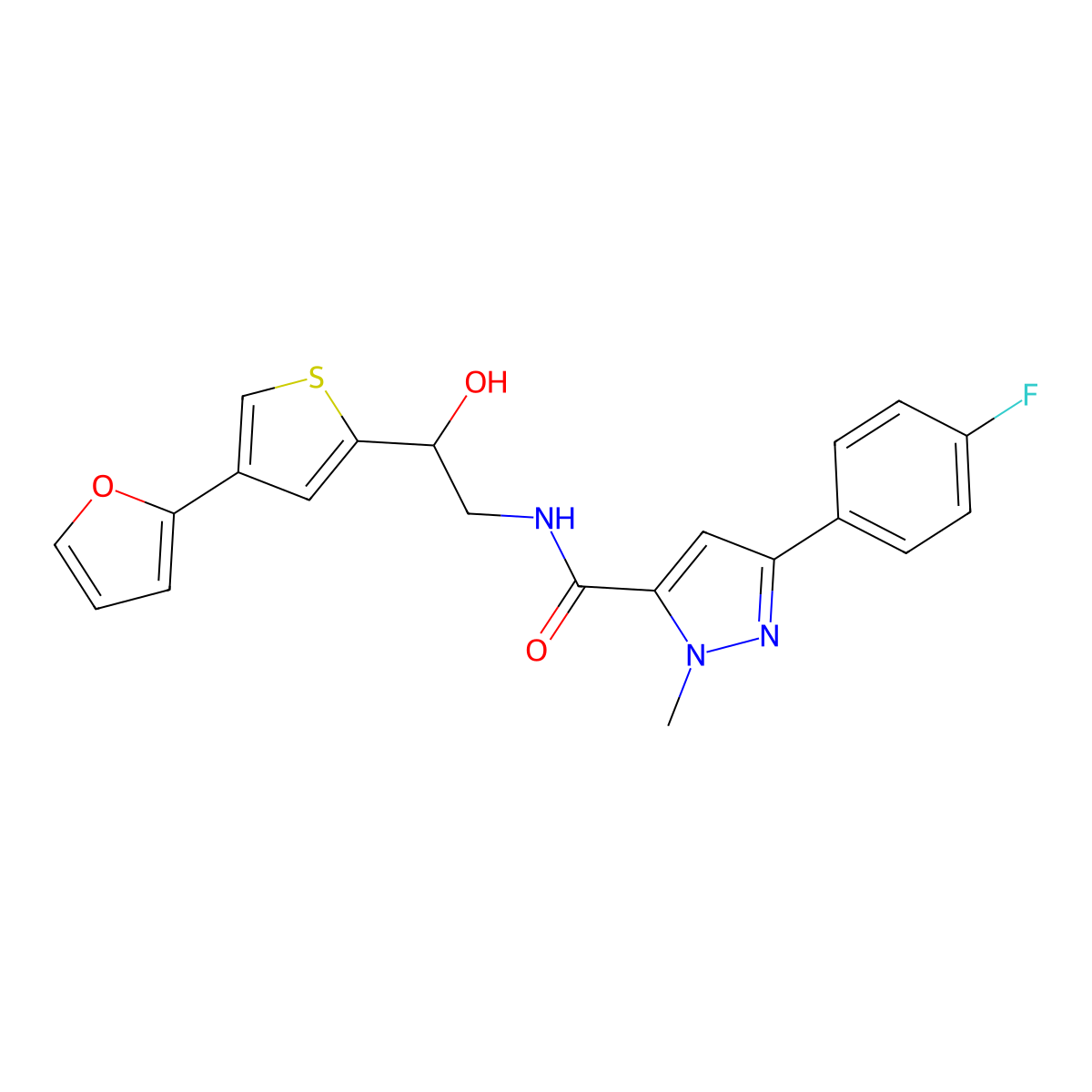 3-(4-fluorophenyl)-N-{2-[4-(furan-2-yl)thiophen-2-yl]-2-hydroxyethyl}-1-methyl-1H-pyrazole-5-carboxamide molecular structure, CAS 2379993-76-5