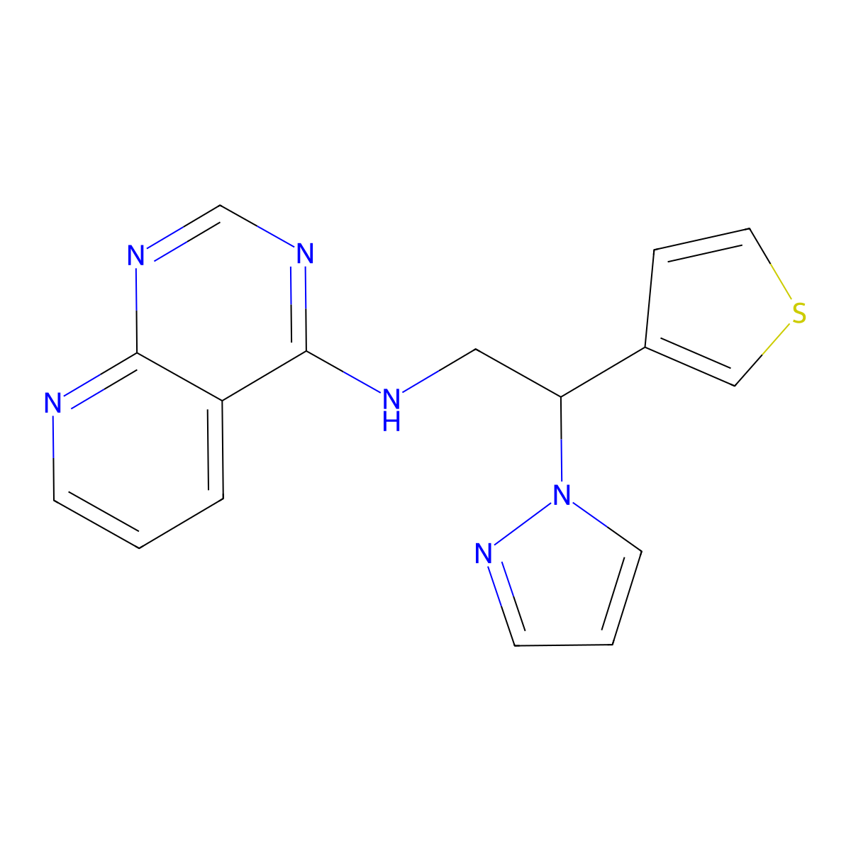 N-[2-(1H-pyrazol-1-yl)-2-(thiophen-3-yl)ethyl]pyrido[2,3-d]pyrimidin-4-amine molecular structure, CAS 2379993-77-6