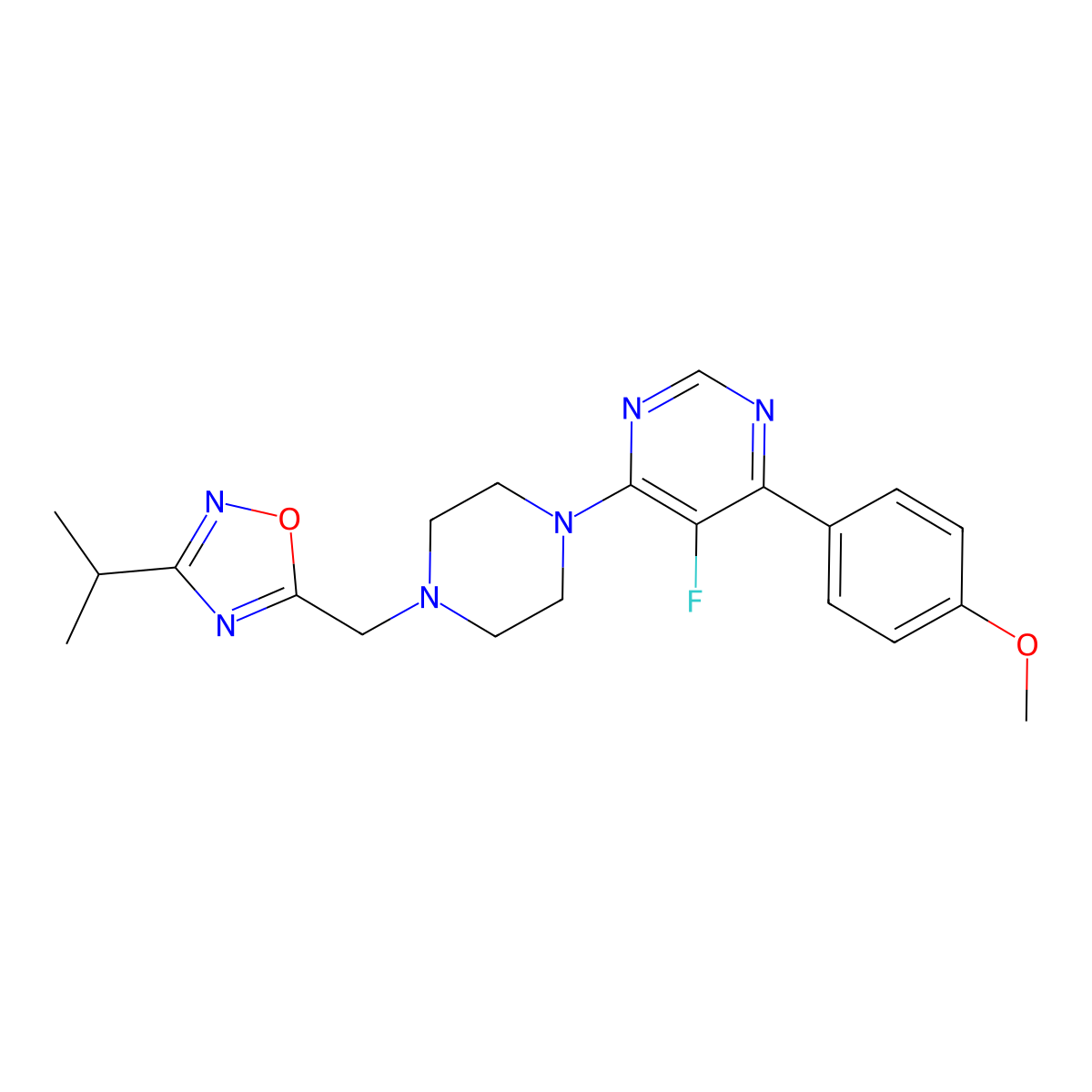 5-Fluoro-4-(4-methoxyphenyl)-6-(4-{[3-(propan-2-yl)-1,2,4-oxadiazol-5-yl]methyl}piperazin-1-yl)pyrimidine molecular structure, CAS 2379994-08-6