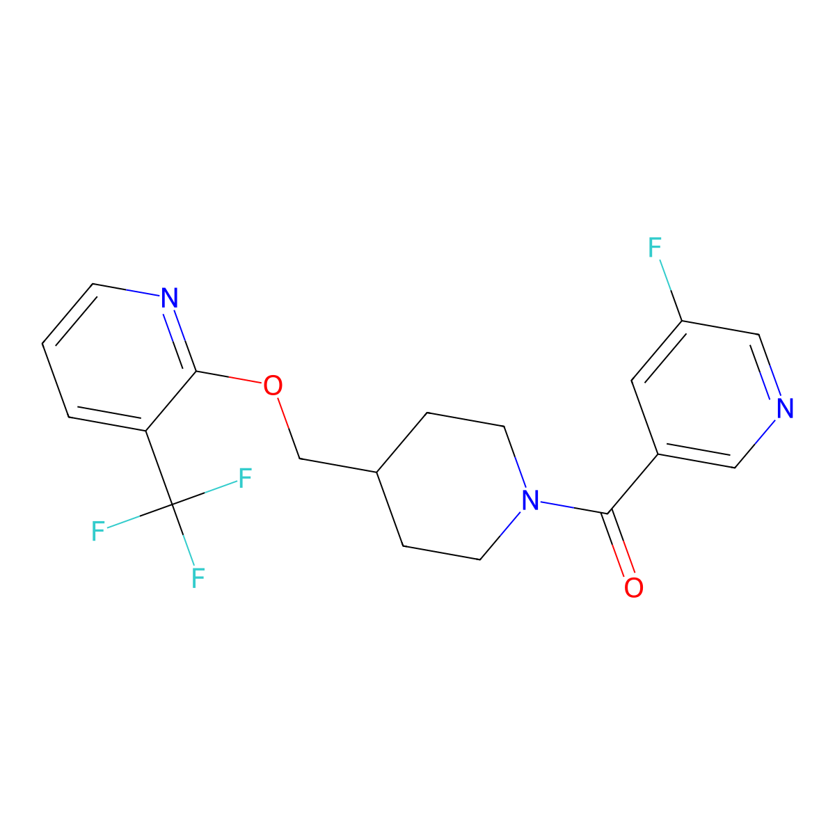 3-Fluoro-5-[4-({[3-(trifluoromethyl)pyridin-2-yl]oxy}methyl)piperidine-1-carbonyl]pyridine molecular structure, CAS 2379994-09-7
