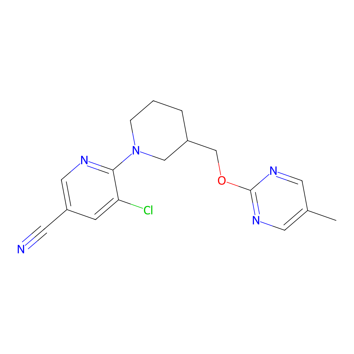 5-Chloro-6-(3-{[(5-methylpyrimidin-2-yl)oxy]methyl}piperidin-1-yl)pyridine-3-carbonitrile molecular structure, CAS 2379994-10-0