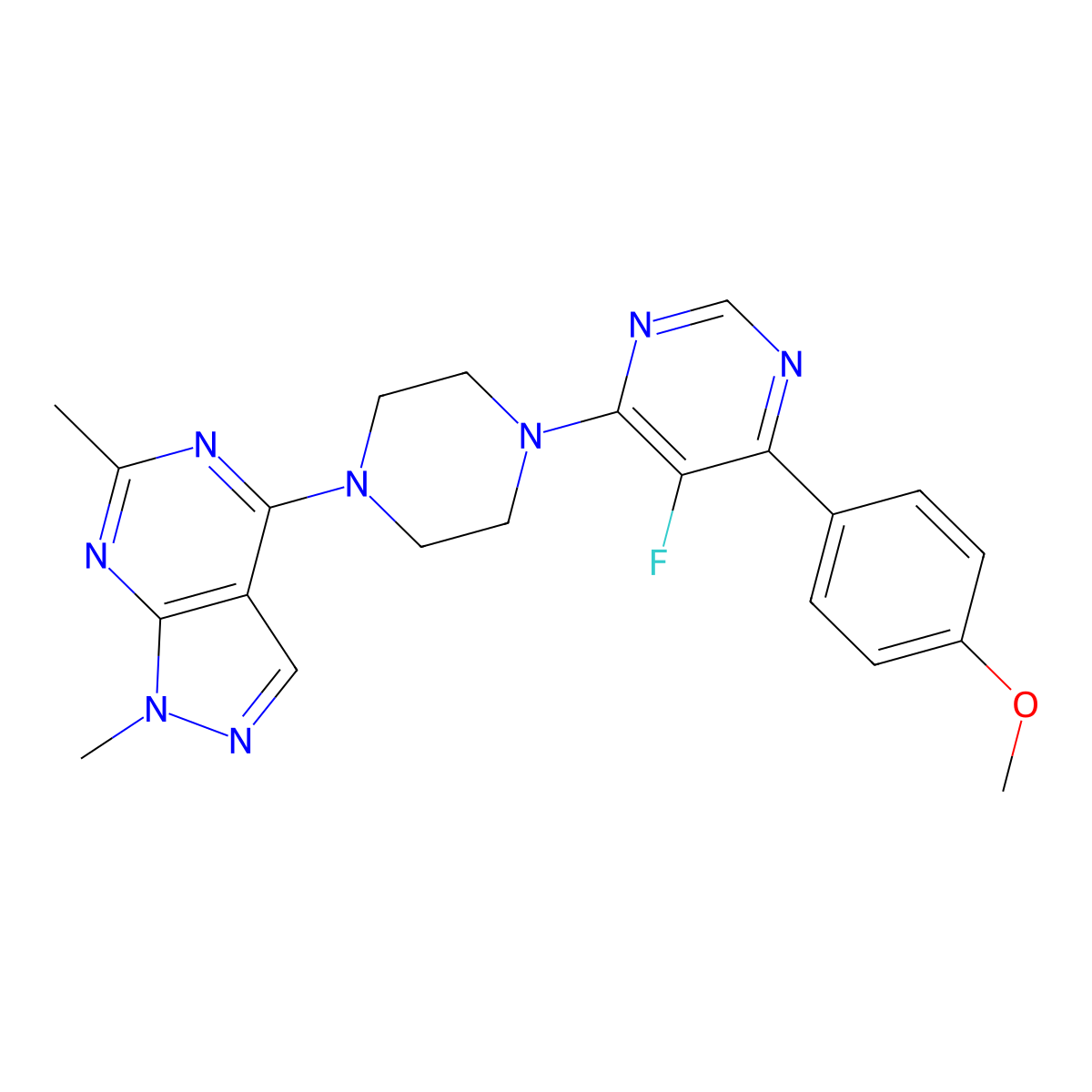 4-(4-{1,6-dimethyl-1H-pyrazolo[3,4-d]pyrimidin-4-yl}piperazin-1-yl)-5-fluoro-6-(4-methoxyphenyl)pyrimidine molecular structure, CAS 2379994-11-1