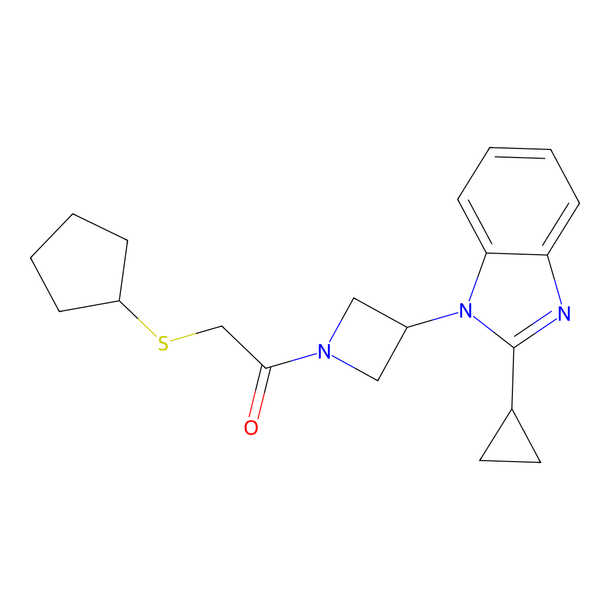 2-(cyclopentylsulfanyl)-1-[3-(2-cyclopropyl-1H-1,3-benzodiazol-1-yl)azetidin-1-yl]ethan-1-one molecular structure, CAS 2379994-39-3