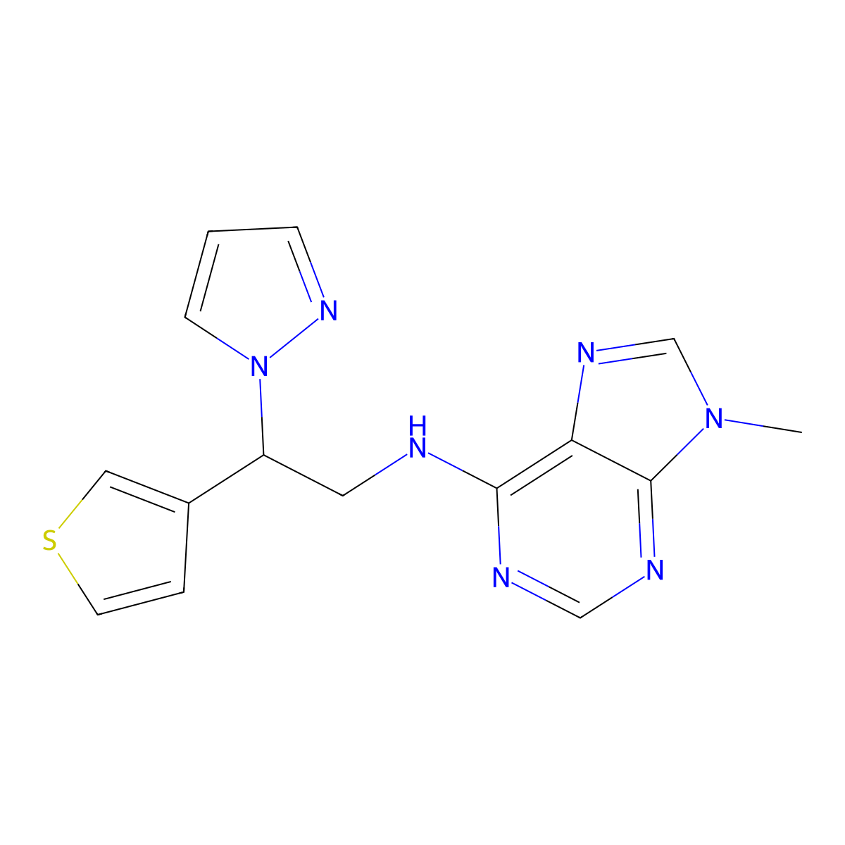 9-methyl-N-[2-(1H-pyrazol-1-yl)-2-(thiophen-3-yl)ethyl]-9H-purin-6-amine molecular structure, CAS 2379994-47-3