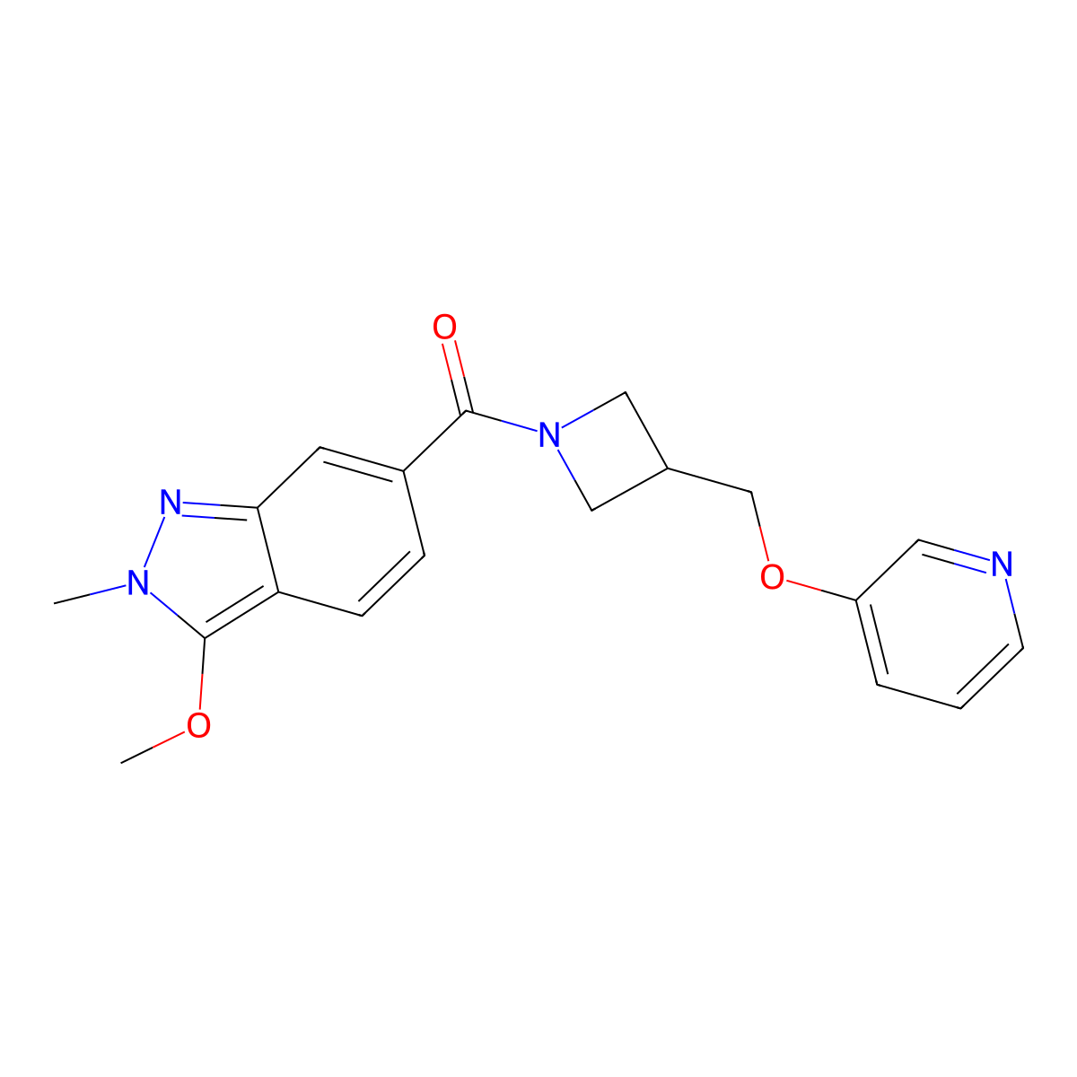 3-methoxy-2-methyl-6-{3-[(pyridin-3-yloxy)methyl]azetidine-1-carbonyl}-2H-indazole molecular structure, CAS 2379994-53-1