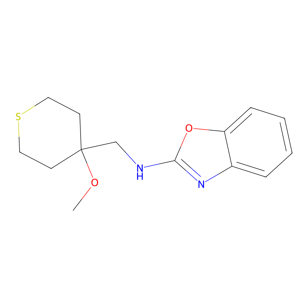 N-[(4-Methoxythian-4-yl)methyl]-1,3-benzoxazol-2-amine molecular structure, CAS 2379994-54-2