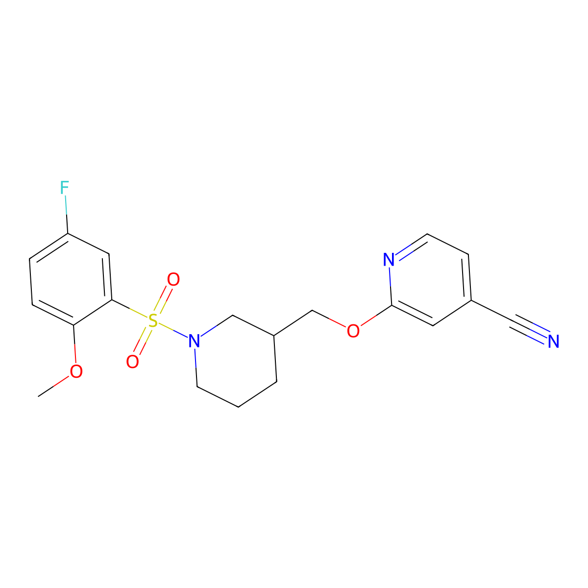 2-{[1-(5-Fluoro-2-methoxybenzenesulfonyl)piperidin-3-yl]methoxy}pyridine-4-carbonitrile molecular structure, CAS 2379994-60-0