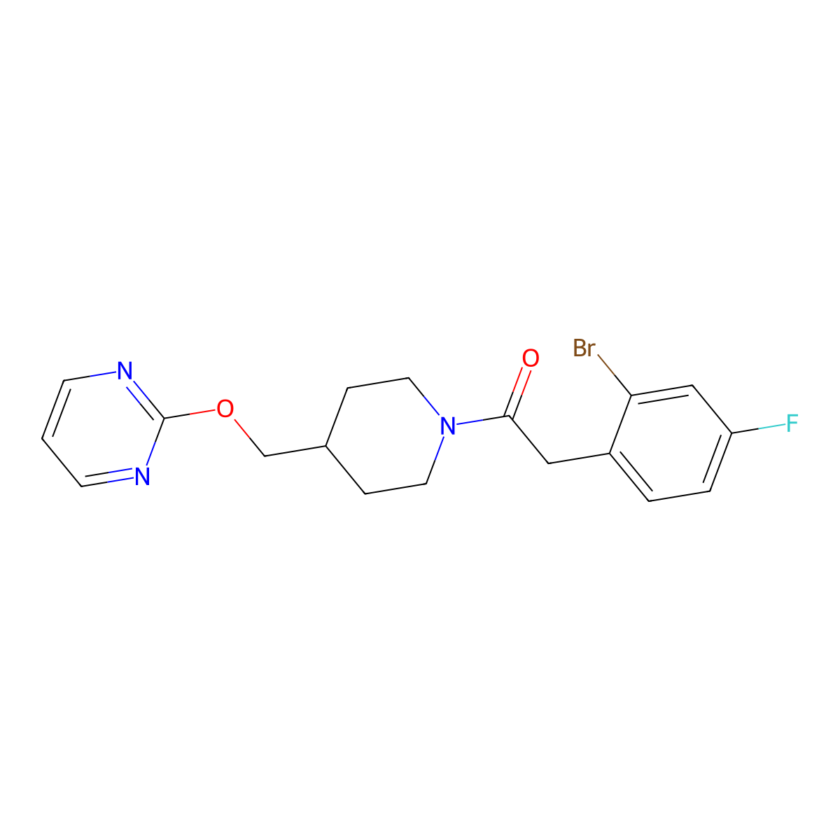 2-(2-Bromo-4-fluorophenyl)-1-{4-[(pyrimidin-2-yloxy)methyl]piperidin-1-yl}ethan-1-one molecular structure, CAS 2379994-68-8
