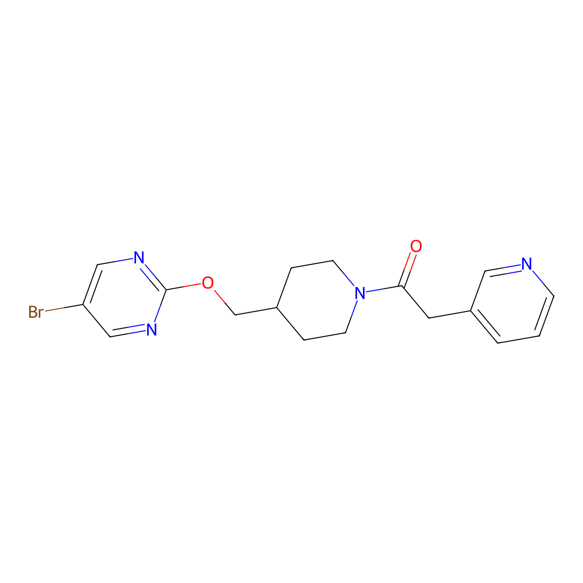 1-(4-{[(5-Bromopyrimidin-2-yl)oxy]methyl}piperidin-1-yl)-2-(pyridin-3-yl)ethan-1-one molecular structure, CAS 2379994-76-8