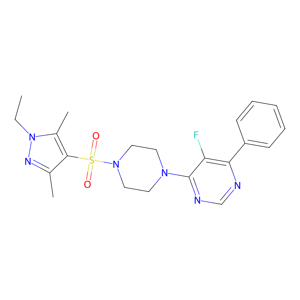 4-{4-[(1-ethyl-3,5-dimethyl-1H-pyrazol-4-yl)sulfonyl]piperazin-1-yl}-5-fluoro-6-phenylpyrimidine molecular structure, CAS 2379994-79-1