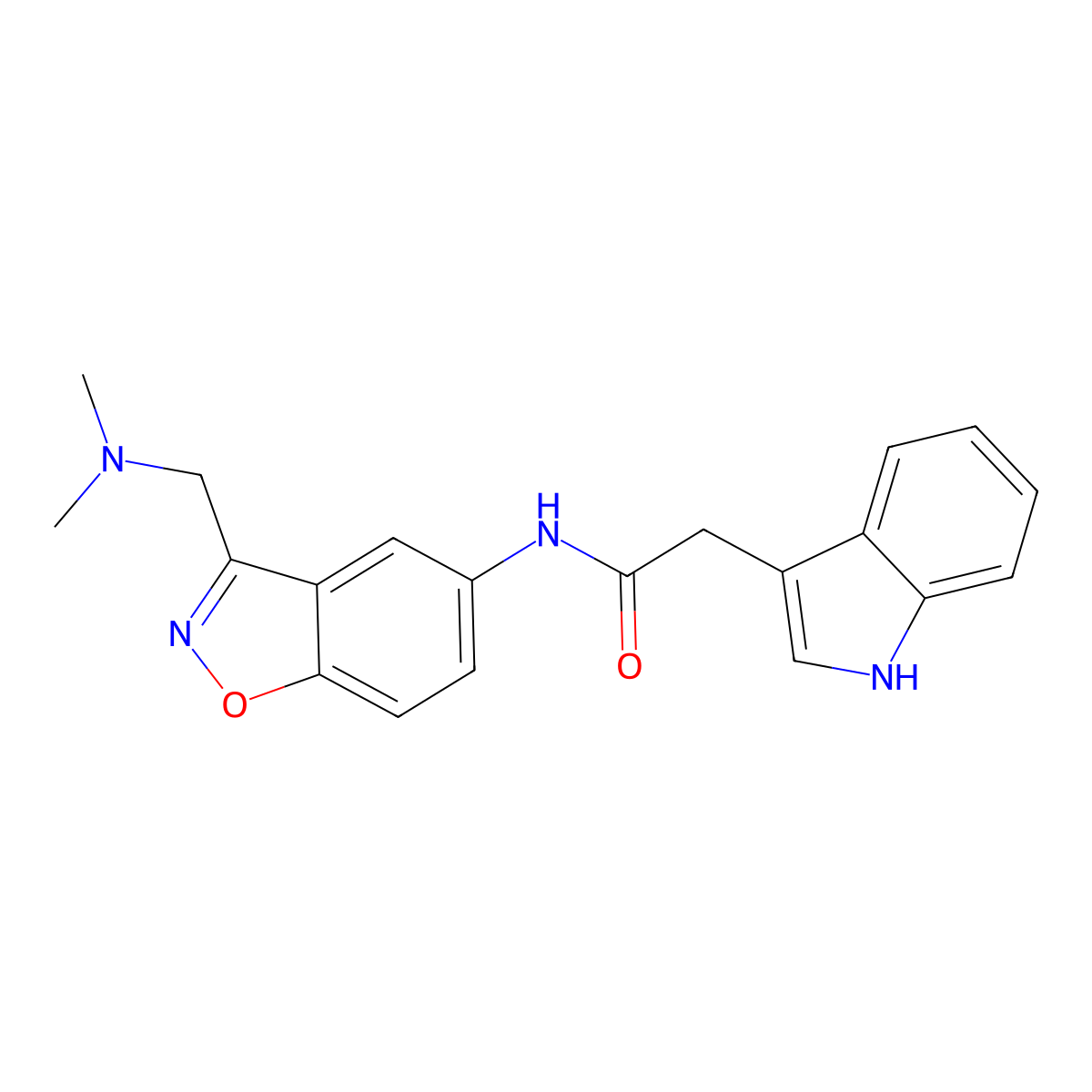 N-{3-[(dimethylamino)methyl]-1,2-benzoxazol-5-yl}-2-(1H-indol-3-yl)acetamide molecular structure, CAS 2379994-84-8