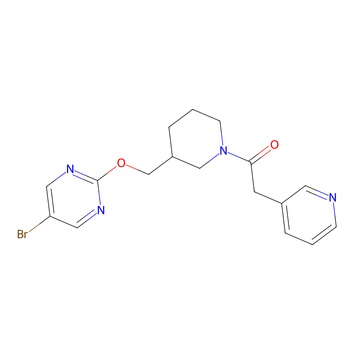 1-(3-{[(5-Bromopyrimidin-2-yl)oxy]methyl}piperidin-1-yl)-2-(pyridin-3-yl)ethan-1-one molecular structure, CAS 2379994-94-0