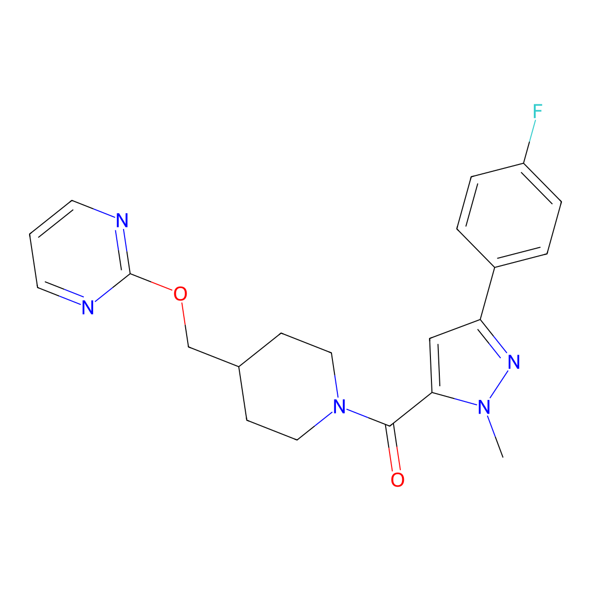2-({1-[3-(4-fluorophenyl)-1-methyl-1H-pyrazole-5-carbonyl]piperidin-4-yl}methoxy)pyrimidine molecular structure, CAS 2379995-01-2