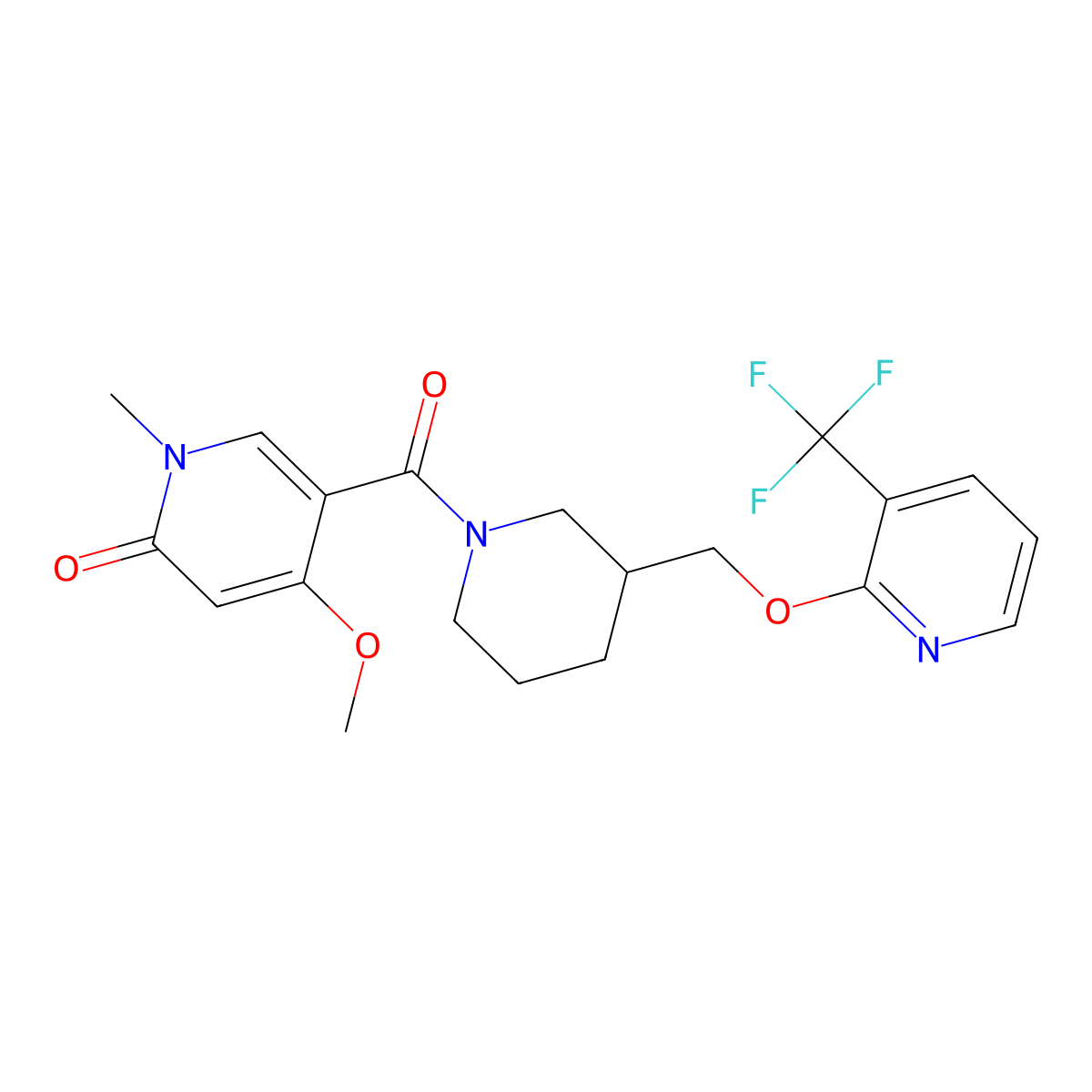 4-Methoxy-1-methyl-5-[3-({[3-(trifluoromethyl)pyridin-2-yl]oxy}methyl)piperidine-1-carbonyl]-1,2-dihydropyridin-2-one molecular structure, CAS 2379995-11-4