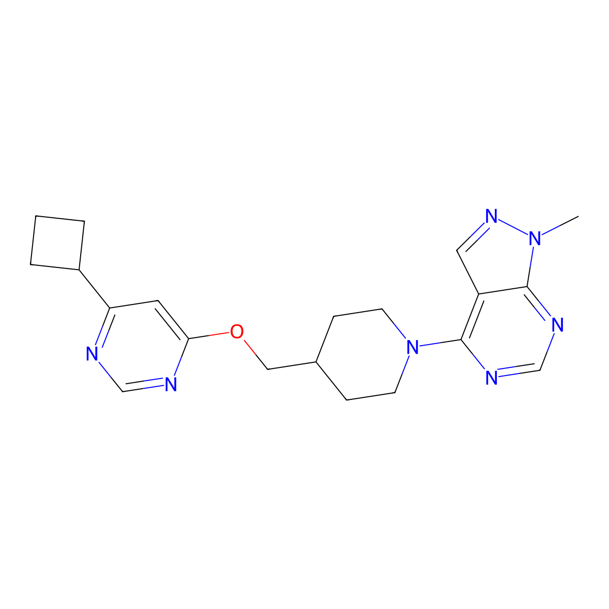 4-cyclobutyl-6-[(1-{1-methyl-1H-pyrazolo[3,4-d]pyrimidin-4-yl}piperidin-4-yl)methoxy]pyrimidine molecular structure, CAS 2379995-19-2