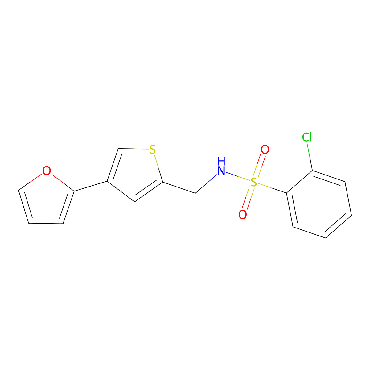 2-chloro-N-{[4-(furan-2-yl)thiophen-2-yl]methyl}benzene-1-sulfonamide molecular structure, CAS 2379995-20-5